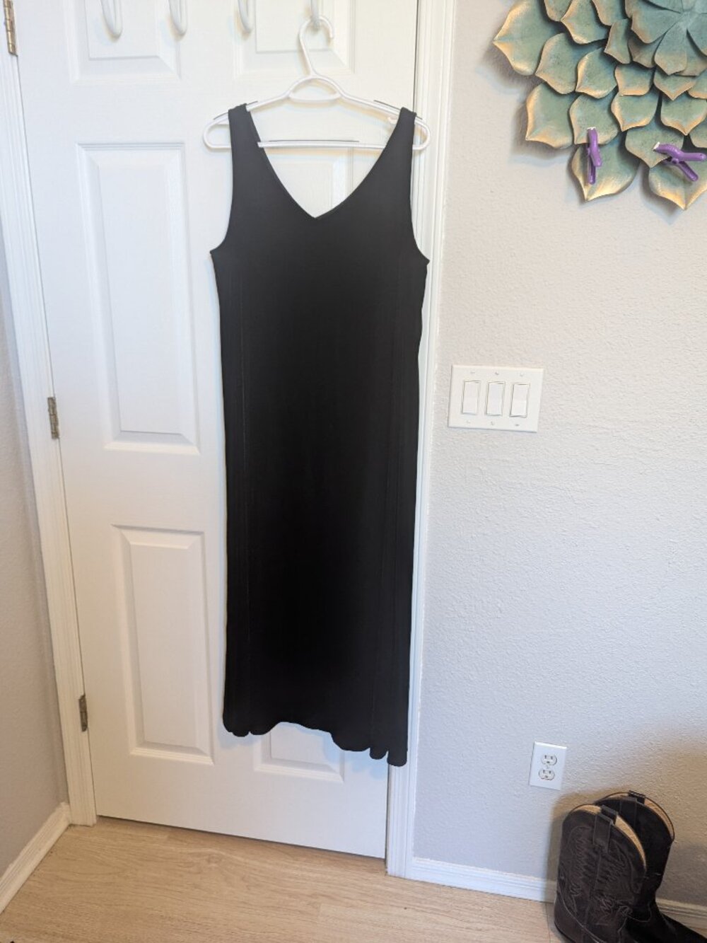 EILEEN FISHER | SILK BLEND | Black | Stretch Velvet Midi Dress | L | EUC